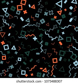 Memphis background.  Retro background with different color figures for poster or print. Memphis background with figures of different forms and colors for your design. Vector texture.