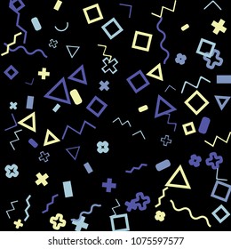 Memphis background.  Retro background with different color figures for card or banner. Memphis background with figures of different forms and colors for your design. Vector texture.