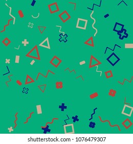 Memphis background.  Retro background with different  color figures for poster or card. Abstract memphis background with geometric colorful figures for your design. Vector texture.
