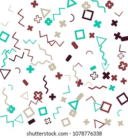 Memphis background.  Retro background with different color figures for card or banner. Memphis background with figures of different forms and colors for your design. Vector texture.