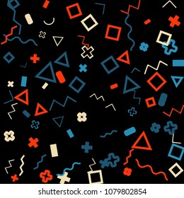 Memphis background.  Retro background with different color figures for card or banner. Memphis background with figures of different forms and colors for your design. Vector texture.