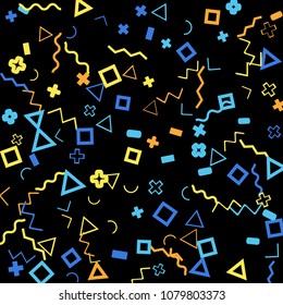 Memphis background.  Retro background with different color figures for card or banner. Memphis background with figures of different forms and colors for your design. Vector texture.