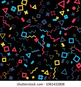 Memphis background.  Retro background with different color figures for card or banner. Memphis background with figures of different forms and colors for your design. Vector texture.