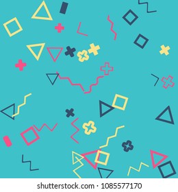 Memphis background.  Retro background with different  color figures for poster or card. Abstract memphis background with geometric colorful figures for your design. Vector texture.