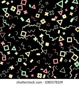 Memphis background.  Retro background with different color figures for mobile application or poster. Memphis background with figures of different forms and colors for your design. Vector texture.