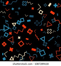 Memphis background.  Retro background with different color figures for mobile application or poster. Memphis background with figures of different forms and colors for your design. Vector texture.