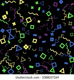 Memphis background.  Retro background with different color figures for mobile application or poster. Memphis background with figures of different forms and colors for your design. Vector texture.