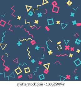 Memphis background.  Retro background with different  color figures for print or card. Abstract memphis background with geometric colorful figures for your design. Vector texture.