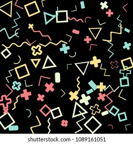 Memphis background.  Retro background with different color figures for print or mobile application. Memphis background with figures of different forms and colors for your design. Vector texture.