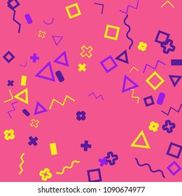 Memphis background.  Retro background with different  color figures for poster or card. Abstract memphis background with geometric colorful figures for your design. Vector texture.