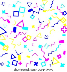 Memphis background.  Retro background with different color figures for mobile application or poster. Memphis background with figures of different forms and colors for your design. Vector texture.