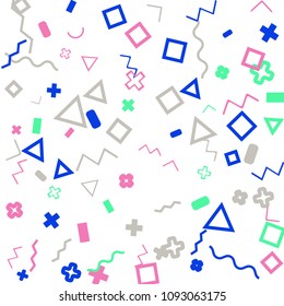 Memphis background.  Retro background with different color figures for card or banner. Memphis background with figures of different forms and colors for your design. Vector texture.