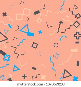 Memphis background.  Retro background with different  color figures for poster or card. Abstract memphis background with geometric colorful figures for your design. Vector texture.