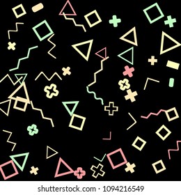 Memphis background.  Retro background with different color figures for poster or print. Memphis background with figures of different forms and colors for your design. Vector texture.