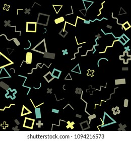 Memphis background.  Retro background with different color figures for poster or print. Memphis background with figures of different forms and colors for your design. Vector texture.