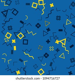 Memphis background.  Retro background with different  color figures for poster or card. Abstract memphis background with geometric colorful figures for your design. Vector texture.