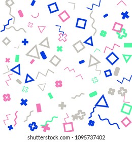 Memphis background.  Retro background with different color figures for poster or print. Memphis background with figures of different forms and colors for your design. Vector texture.
