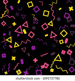 Memphis background.  Retro background with different color figures for print or mobile application. Memphis background with figures of different forms and colors for your design. Vector texture.