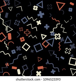 Memphis background.  Retro background with different color figures for card or banner. Memphis background with figures of different forms and colors for your design. Vector texture.