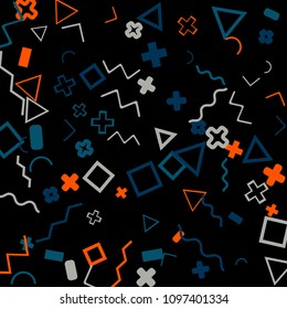 Memphis background.  Retro background with different color figures for poster or print. Memphis background with figures of different forms and colors for your design. Vector texture.