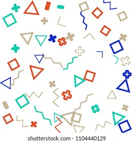 Memphis background.  Retro background with different color figures for card or banner. Memphis background with figures of different forms and colors for your design. Vector texture.