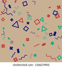 Memphis background.  Retro background with different  color figures for poster or card. Abstract memphis background with geometric colorful figures for your design. Vector texture.