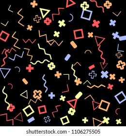 Memphis background.  Retro background with different color figures for poster or print. Memphis background with figures of different forms and colors for your design. Vector texture.
