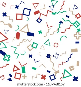 Memphis background.  Retro background with different color figures for mobile application or poster. Memphis background with figures of different forms and colors for your design. Vector texture.