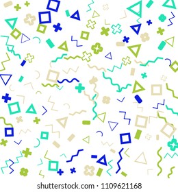 Memphis background.  Retro background with different color figures for card or banner. Memphis background with figures of different forms and colors for your design. Vector texture.