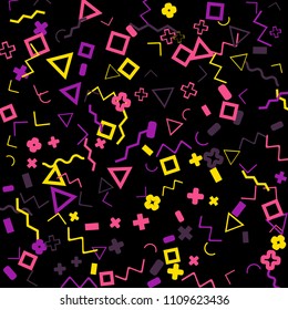 Memphis background.  Retro background with different color figures for poster or print. Memphis background with figures of different forms and colors for your design. Vector texture.