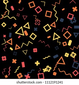 Memphis background.  Retro background with different color figures for print or mobile application. Memphis background with figures of different forms and colors for your design. Vector texture.