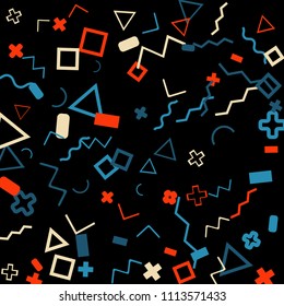Memphis background.  Retro background with different color figures for card or banner. Memphis background with figures of different forms and colors for your design. Vector texture.