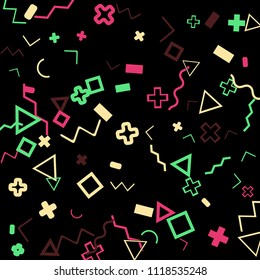 Memphis background.  Retro background with different color figures for print or mobile application. Memphis background with figures of different forms and colors for your design. Vector texture.