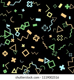 Memphis background.  Retro background with different color figures for card or banner. Memphis background with figures of different forms and colors for your design. Vector texture.