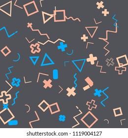 Memphis background.  Retro background with different  color figures for poster or card. Abstract memphis background with geometric colorful figures for your design. Vector texture.