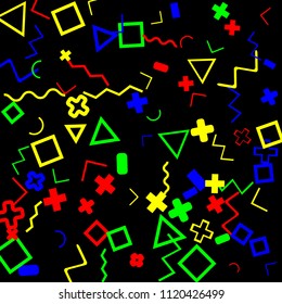 Memphis background.  Retro background with different color figures for mobile application or poster. Memphis background with figures of different forms and colors for your design. Vector texture.