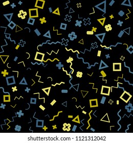 Memphis background.  Retro background with different color figures for card or banner. Memphis background with figures of different forms and colors for your design. Vector texture.