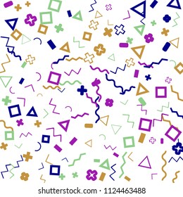 Memphis background.  Retro background with different color figures for card or banner. Memphis background with figures of different forms and colors for your design. Vector texture.