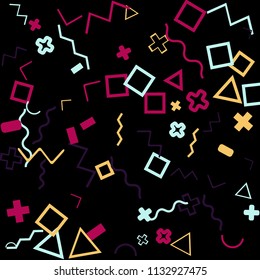 Memphis background.  Retro background with different color figures for mobile application or poster. Memphis background with figures of different forms and colors for your design. Vector texture.