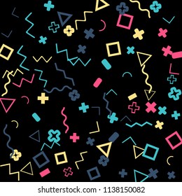 Memphis background.  Retro background with different color figures for card or banner. Memphis background with figures of different forms and colors for your design. Vector texture.