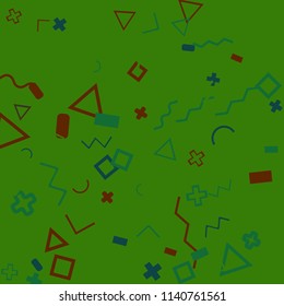 Memphis background.  Retro background with different  color figures for poster or card. Abstract memphis background with geometric colorful figures for your design. Vector texture.