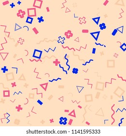 Memphis background.  Retro background with different  color figures for card or banner. Abstract memphis background with geometric colorful figures for your design. Vector texture.
