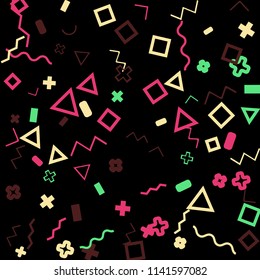 Memphis background.  Retro background with different color figures for mobile application or poster. Memphis background with figures of different forms and colors for your design. Vector texture.