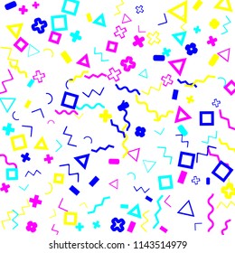 Memphis background.  Retro background with different color figures for mobile application or poster. Memphis background with figures of different forms and colors for your design. Vector texture.