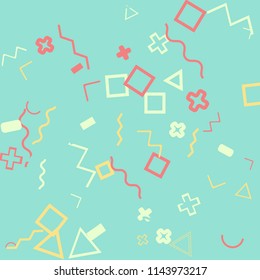 Memphis background.  Retro background with different  color figures for card or banner. Abstract memphis background with geometric colorful figures for your design. Vector texture.