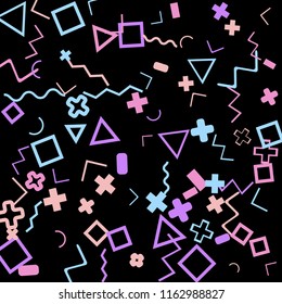 Memphis background.  Retro background with different color figures for mobile application or poster. Memphis background with figures of different forms and colors for your design. Vector texture.