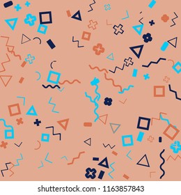 Memphis background.  Retro background with different  color figures for card or banner. Abstract memphis background with geometric colorful figures for your design. Vector texture.
