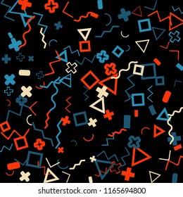 Memphis background.  Retro background with different color figures for mobile application or poster. Memphis background with figures of different forms and colors for your design. Vector texture.