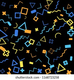 Memphis background.  Retro background with different color figures for poster or print. Memphis background with figures of different forms and colors for your design. Vector texture.