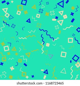 Memphis background.  Retro background with different  color figures for poster or card. Abstract memphis background with geometric colorful figures for your design. Vector texture.